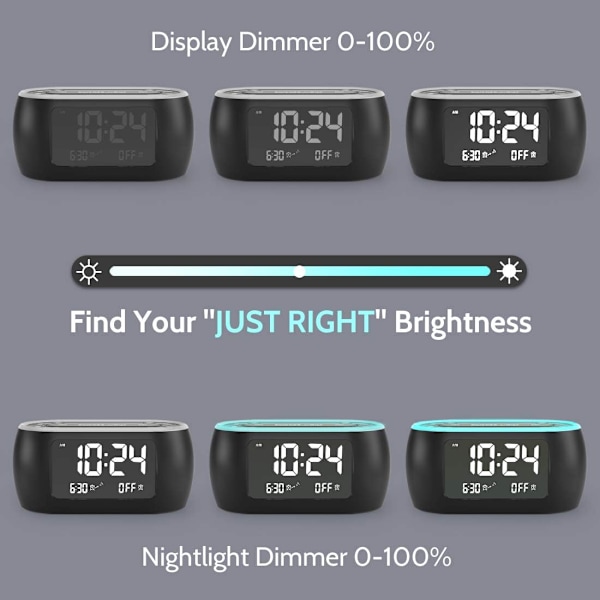 Glow Liten väckarklockradio för sovrum med 7-färgad nattlampa, dubbelalarm, dimmer, USB-laddare, baery-backup, naptimer, FM-radio med svart