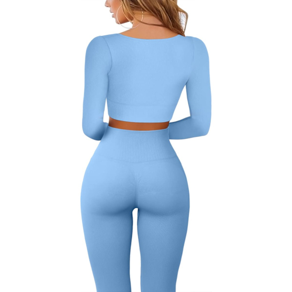 Kvinnors Ribbade Stickade Mjuka Andningsbara Sport Crop Top Långärmad Plunge Träning