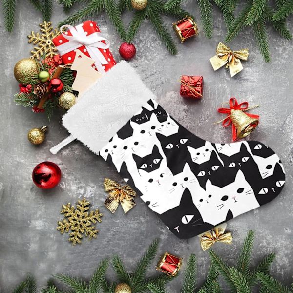 Julklapp, personliga julklappsstrumpor 2-pack Svart katt Vit 45,7 cm Julstrumpor Hängande Ornament Eldstad för träddekoration