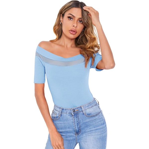Kvinners Sexy Off Shoulder Kort Ermet Slim Fit Mesh Insert Topp Skjorte
