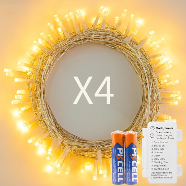 4 Pack 50 LEDs Warm White Fairy Lights, Waterproof String Lights (8pcs AA batteries included) for Garden and Patio Decor Outdoor Battery Powered