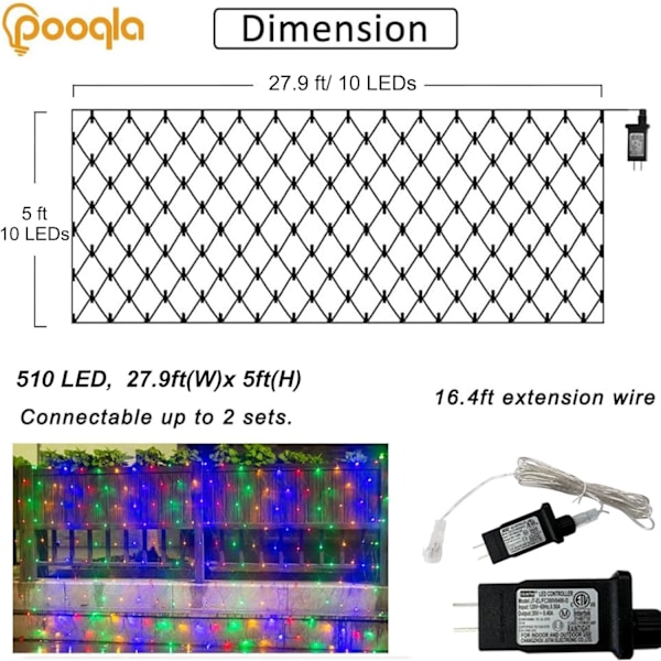 Julelysnet, 510 LED store udendørs netlys, 28x5 ft netmaskenet til buske, 8 tilstande vandtætte Twinkle strenglys, der kan forbindes