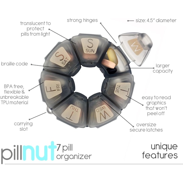 Pillnut7 (Grå), 7-dagars organizer, okrossbar Bpa-fri