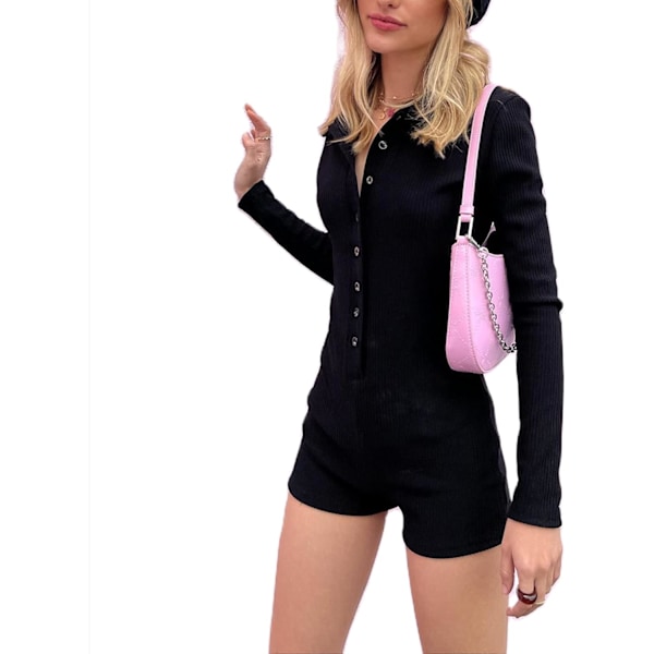 Kvinde Kortærmet Strik Jumpsuit Knap Ned Lapel Krave RomperOne Piece