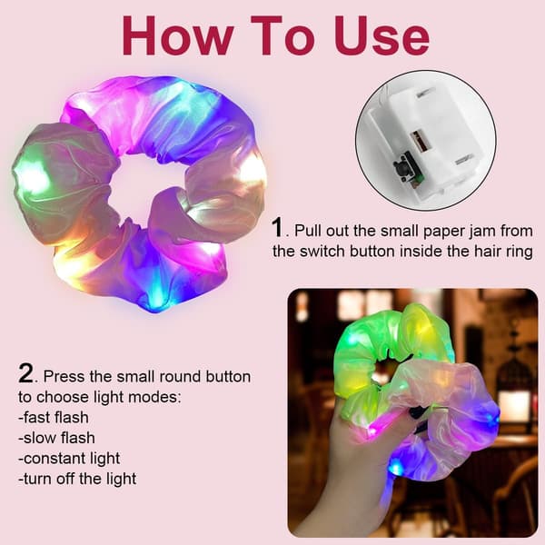 LED Lysende Elastiske Hårbånd, 6 Stykker Lysende Hårstrikker, 3 Fargelysmoduser LED Scrunchies, Lysende Hårstrikker for Jul Rave Glow