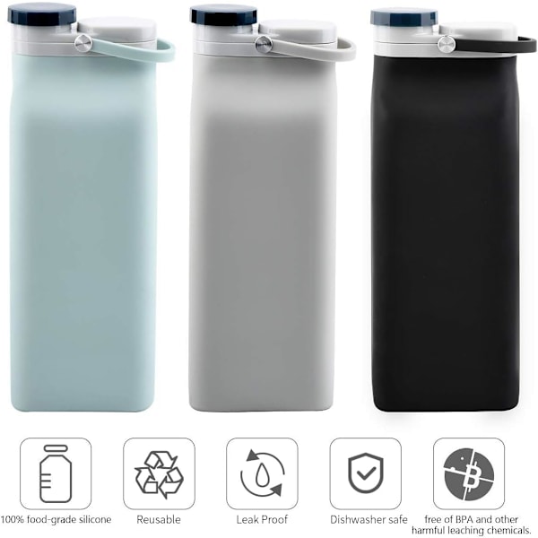 Hopfällbar Vattenflaska, BPA-fri - 590 ml Hopfällbar Vattenflaska för Resor, Sportvattenflaska, Trippel Läcksäker Lättviktig (Blå)