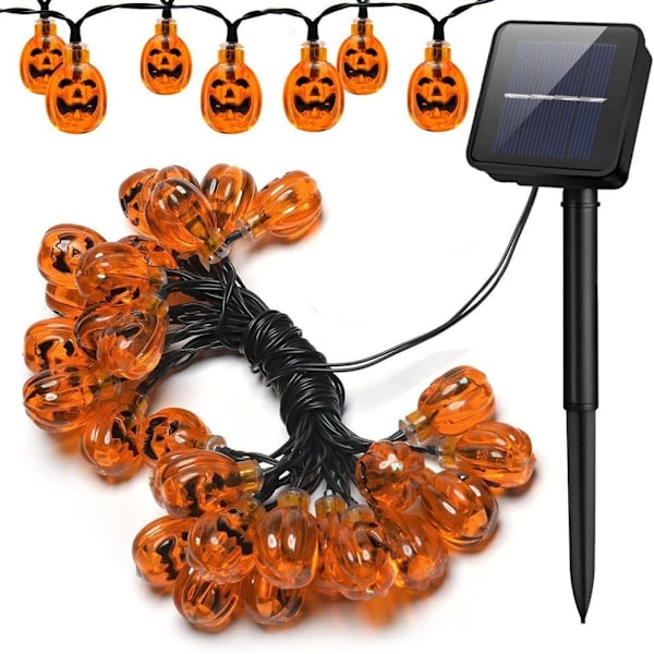 Solcelledrevne gresskarlyskjeder, vanntette Halloween juledekorasjonslyskjeder, 30 LED-lys blinkende/konstant på moduser Jack-O-Lantern for