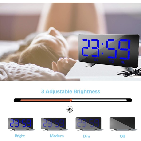 Digital väckarklocka med radio (76,0 MHz-8,0 MHz) 2 larminställningar USB-port för laddning 4 justerbar ljusstyrka Snooze digital klocka för barn Blå