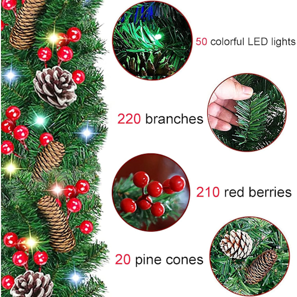 9 fot julgirlang med 50 LED-lampor, batteridriven ljusslinga förbelyst