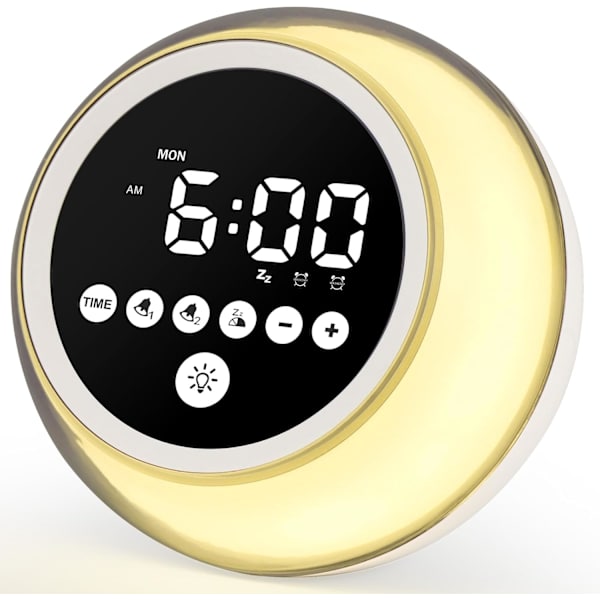 Väckarklocka med soluppgångssimulering, högt digitalt alarm med soluppgångssimulering, färgat ljus, dimmer, vardags-/helgläge, justerbar volym för