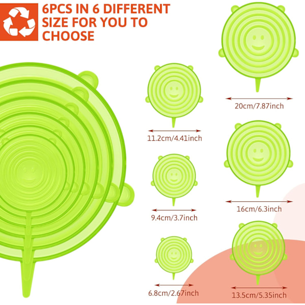 6-pack silikonsträckbara lock för behållare och mikrovågsugn (grön)