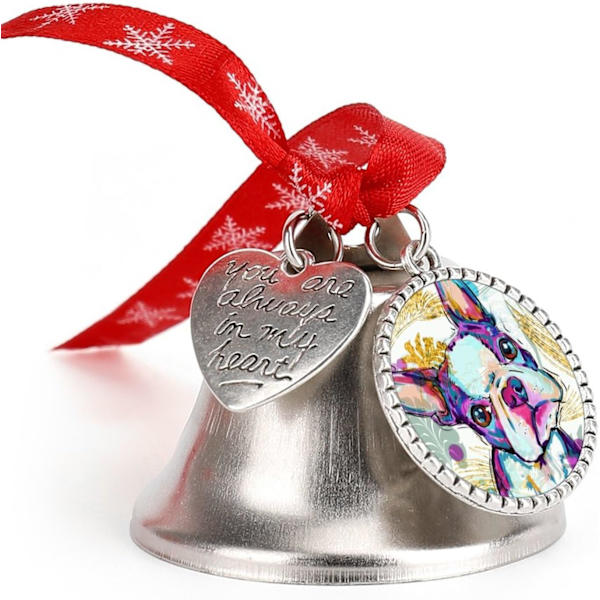 Boston Terrier Silver Bell Ornament Julgrans Klockor med Röd Snöre Metall Jul Hängande Dekorationer för Semesterfest Kärleksklocka Kärleksklocka