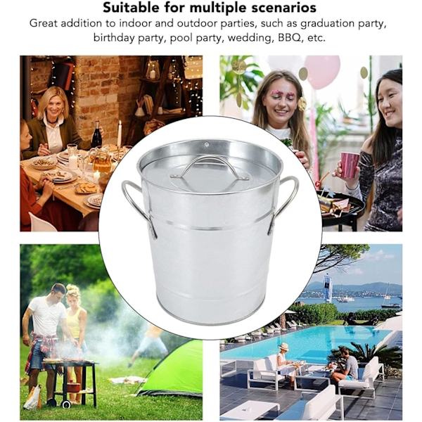 Isspand til fester - Vinkøler Isterning opbevaringsbeholder med håndtag, Metal spand drikkevarekar med låg og isske til camping, fester, sølv