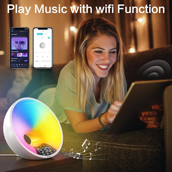 Solopgangs vækkeur - Vækkeur med lys - APP/Stemmestyring - Smart solopgangssimulering - Søvnhjælp - Bluetooth-højttaler - Snooze - 4 alarmer - FM-radio - 7 naturlige