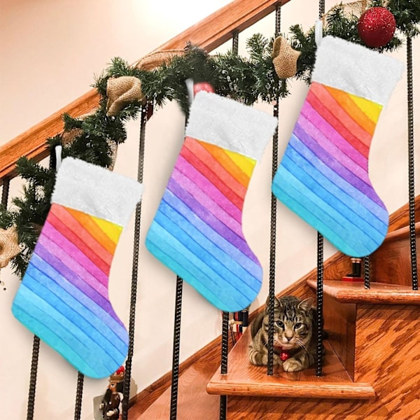 Jule-Strømpe, Personlige Jule-Strømper 2-pak Rainbow Stripes Trætekstur 45,7 cm Jule-Strømper Hængende Ornament Pejs til Ba