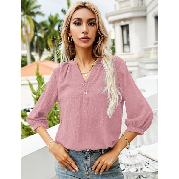 Kvinners Casual 3/4 Ermet Henley V-hals Knappet Opp Plissert Bak Bluser Sveitsisk