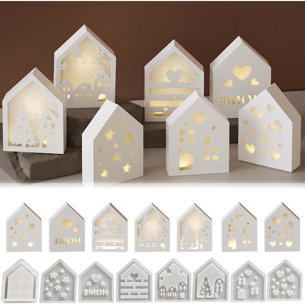 Silikoneforme, 8 stk., silikoneforme, huse, lysforme til støbning, form til huse, form, lysestagehus, DIY silikoneform, huse
