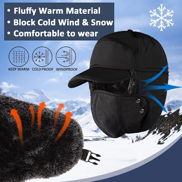 Vinter Trapper Aviator Hat, 3-i-1 Ushanka Rysk Mössa för Män, Ansiktsskydd