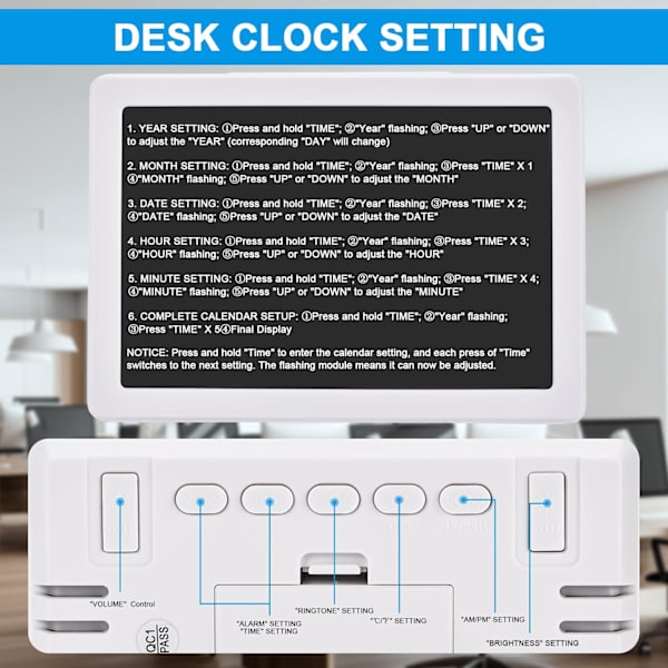 Digital väckarklocka med snooze, liten klocka/bordsklocka, 6,3\" LED digital kalender, 12/24H, justerbar ljusstyrka/volym, skrivbordsklocka för vit