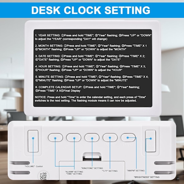 Digitalt vækkeur med snooze, lille ur/bordur, 6,3\" LED digital kalender, 12/24H, justerbar lysstyrke/lydstyrke, bordur til hvid