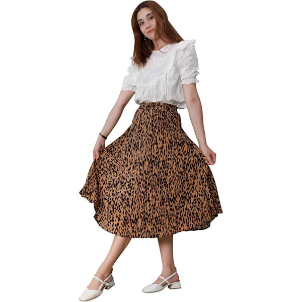 Womens Chic Elastisk Høy Midje A Linje Leopard Trykk Plissert Rynking -Lang