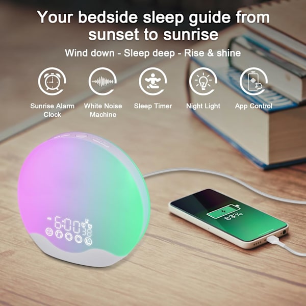 Smart Sunrise Väckarklocka Wake Up Light för tunga sovare, Soluppgång/Solnedgångssimulering, 12 färger, 7 naturliga ljud, Dubbelalarm, FM-radio, Multi