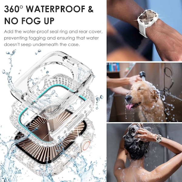 2 i 1 Vattentätt Bling Skal för Apple Watch Series 10 Skärmskydd 46mm, Kvinnor Glitter Diamant Framsida & Baksida 360° Heltäckande Hård PC Pro