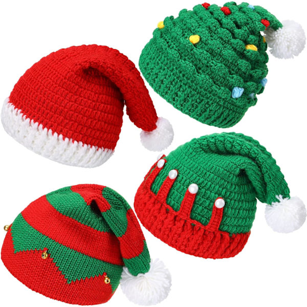 4 st julstrumpor i stickad ull, vintervarma virkade mössor, unisex stickade mössor