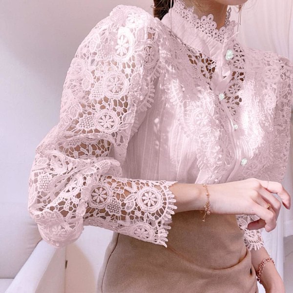 Elegant blonde bluser med blondekant til kvinder - Langærmet skjorte med knapper i victoriansk stil