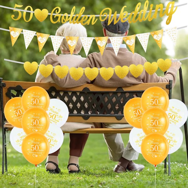 Gylne bryllupsdekorasjoner - 50-års bryllupsdag ballonger og kakepynt