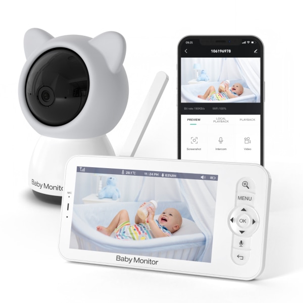 5 tums Baby Monitor Baby Care Device Baby Monitor Tvåvägs Voice Intercom App Fjärrkontroll Gray European Eu