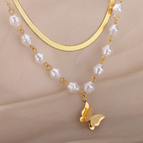 Dubbla lager glitter fjärilshalsband Dam Dam Charm Smycken Rostfritt stål Imitation Pearl Herringbone Chain Choker N04587G-5
