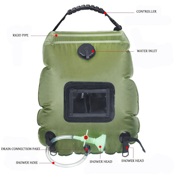 20L utomhusbadväska Solar Vandring Camping Duschväska Bärbar Värme Badvatten Förvaringsväska Slang Bytbar Duschhuvud camouflage