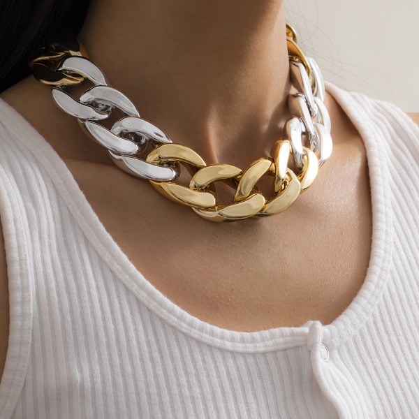 Smycken Street Hip Hop Trendiga färgsömmar Enkelt halsband Kvinnors överdrivna enkellagers geometrisk kedja halsband Silver 3793