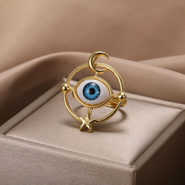 Rostfritt stål Blå Evil Eye Ringar För Kvinnor Män Amulett Turkiska Smycken Moon Star Heart Justerbara Ringar aneis Black Resizable