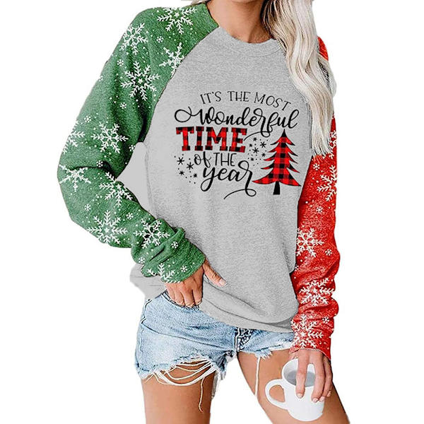 Damer 2023 höst och vinter New TIME julgran printed rund hals långärmad svett snowflake green red sleeve M