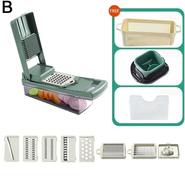 15 i 1 Grönsaksfrukthackare Skärare Lökhackare Rivfräs Äggskärare Skärmaskin Multifunktionsverktyg Separator Kök P6e5 Green