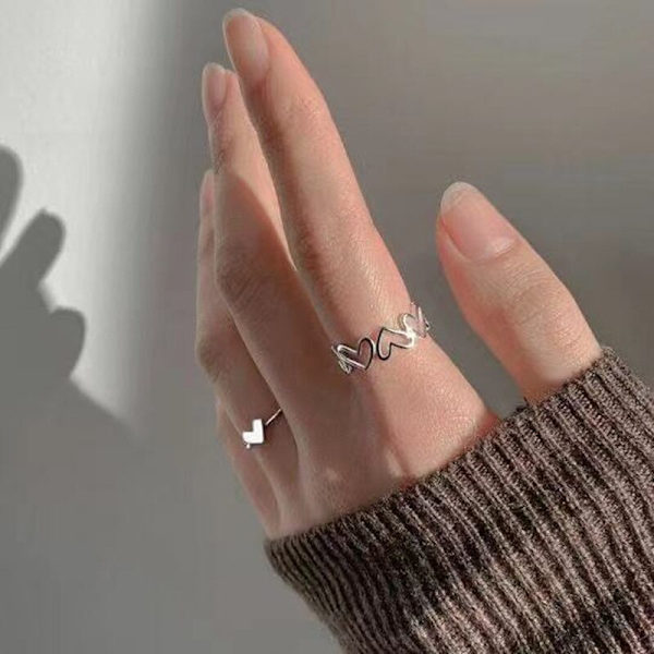 Silverfärg Ihålig hjärtform Öppen Ring Set Design Söt Mode Kärlek Smycken För Kvinnor Tjejpresenter Justerbar födelsedagsfest style3