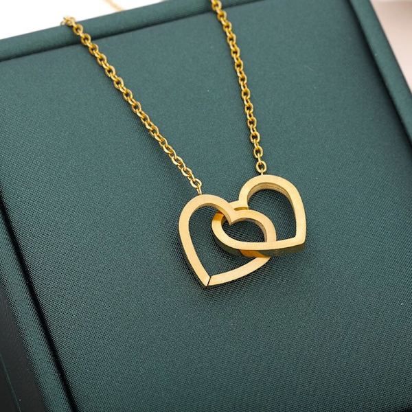 Dubbelhjärta Par Halsband Smycken Rostfritt stål Love Heart Statement Halsband Kvinnor Brudtärna Presenter krage mujer Rose Gold Color