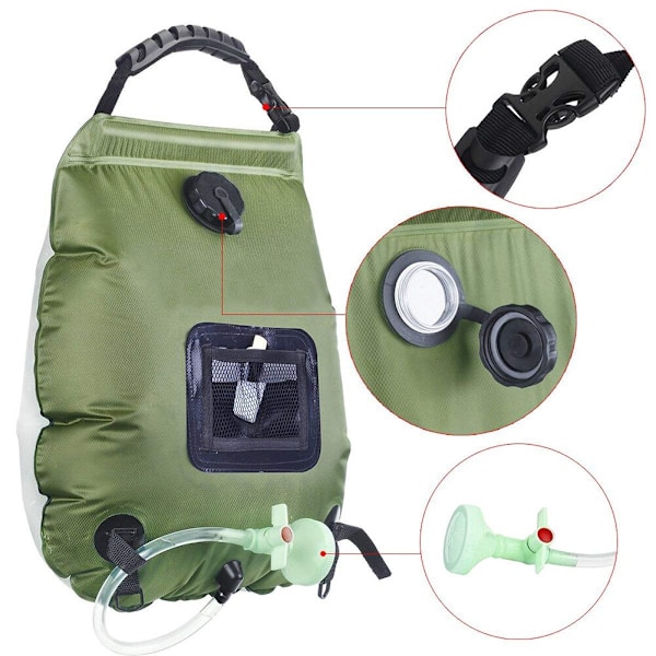 20L utomhusbadväska Solar Vandring Camping Duschväska Bärbar Värme Badvatten Förvaringsväska Slang Bytbar Duschhuvud camouflage