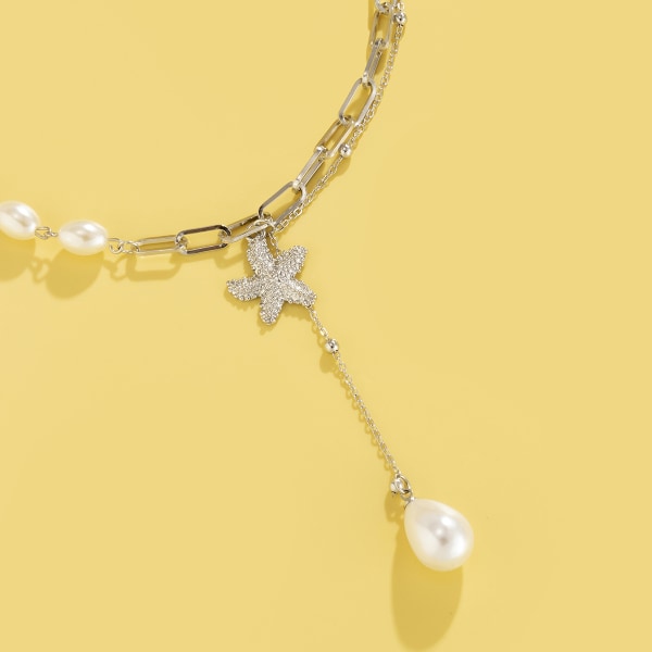 Barockstil Pärlmixa och matcha pärlor Kedja Halsband Personlighet Metall Sjöstjärna Legering hänge Halsband Gold 3925