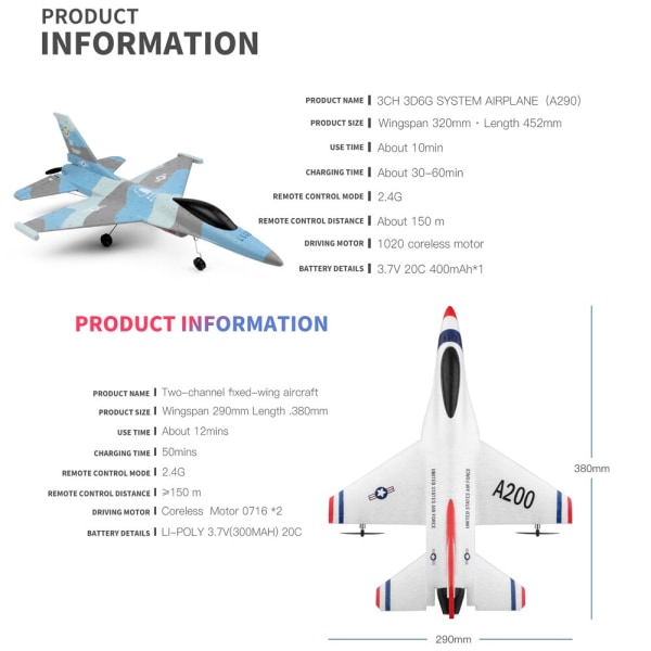 Wltoys A290 F16 3CH RC Flygplan 2.4G Fjärrkontroll Fixed Wing A200 RC Airctaft Landing Glider Planes Modell Skumleksaker för pojkar A290 2Bats