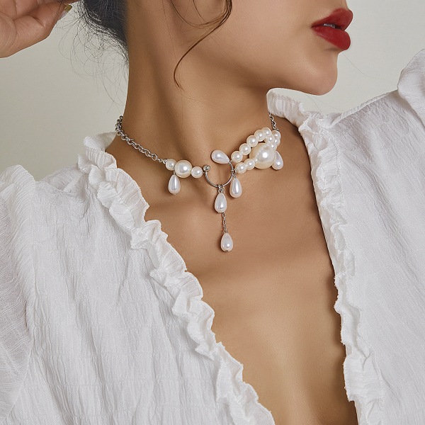 Prydnad Barockimitation Pärla Temperament Drop-Shaped Choker Retro Kärlek Nisch Sweet Cool Halsband One White K 5003