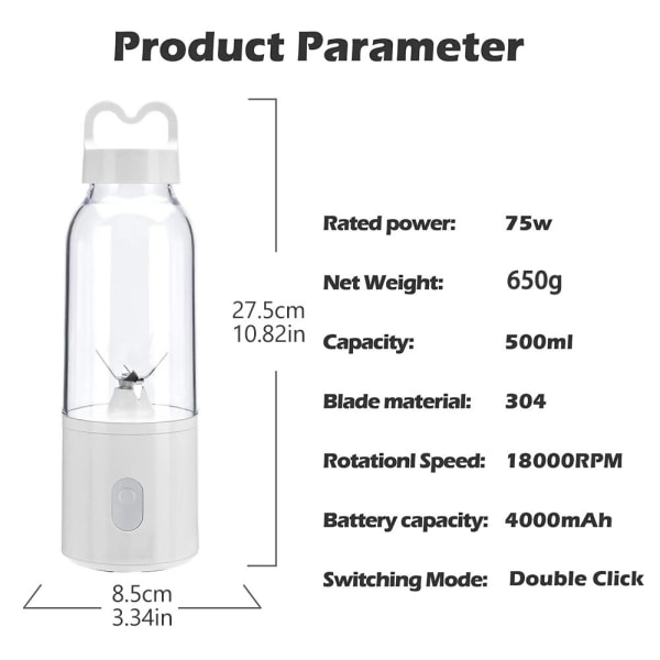 500 ml Elektrisk frukt Bärbar Juicer Mixer Smoothie Blender 4000Mah Power Uppladdningsbar Bärbar Blender Smoothie pink