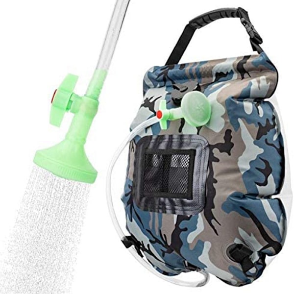 20L utomhusbadväska Solar Vandring Camping Duschväska Bärbar Värme Badvatten Förvaringsväska Slang Bytbar Duschhuvud camouflage