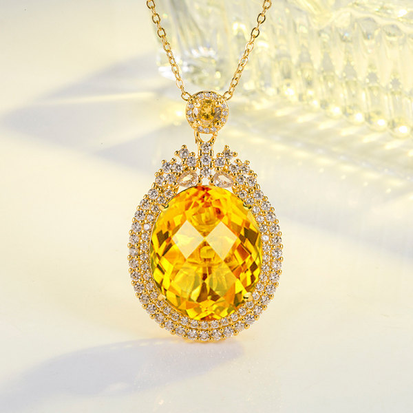 Live Hot Big Diamond Gul Diamant Färgade ädelstenar Hänge Palace Style Lyxig Zirkon Fullt Inläggningar Oval Gem Halsband Yellow Gold Pendant / 45Cm Box Chain