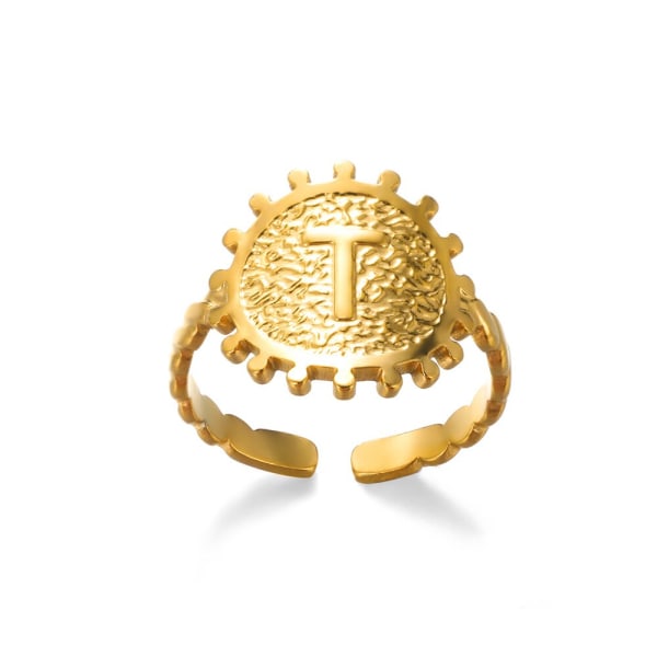 Personlig guldfärg rund skiva initialer Ringar för kvinnor män justerbara bokstäver rostfritt stål fingerringar mode smycken T Resizable