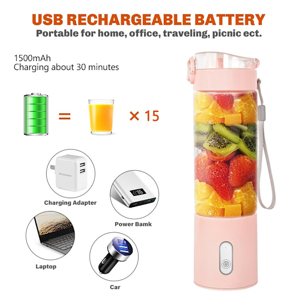 Mini Fresh Juice Uppladdningsbar Blender Smoothie Portabel Juicer Blender Matberedare USB Citrus Vitamer Emon Fruktmixer Cup pink 400ml