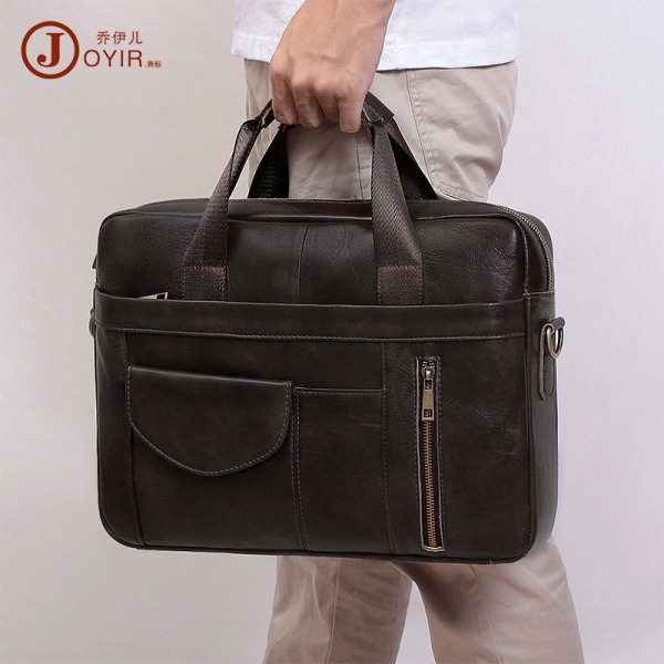 Ny multifunktionell portfölj för män handväska i äkta läder Casual Fashion 15,6 tums Crossbody datorväska 6504 Plain Leather Black