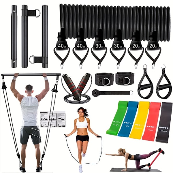 Pilates Bar Kit med motståndsband 3-delad Pilates Bar med stapelbara band Träningsutrustning för ben höft midja och arm SETC-180LBS-22PCS